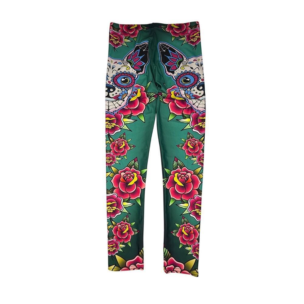 Gear Bunch Sugar Skull Chihuahua leggings vibrant green floral Sz M | NWOT